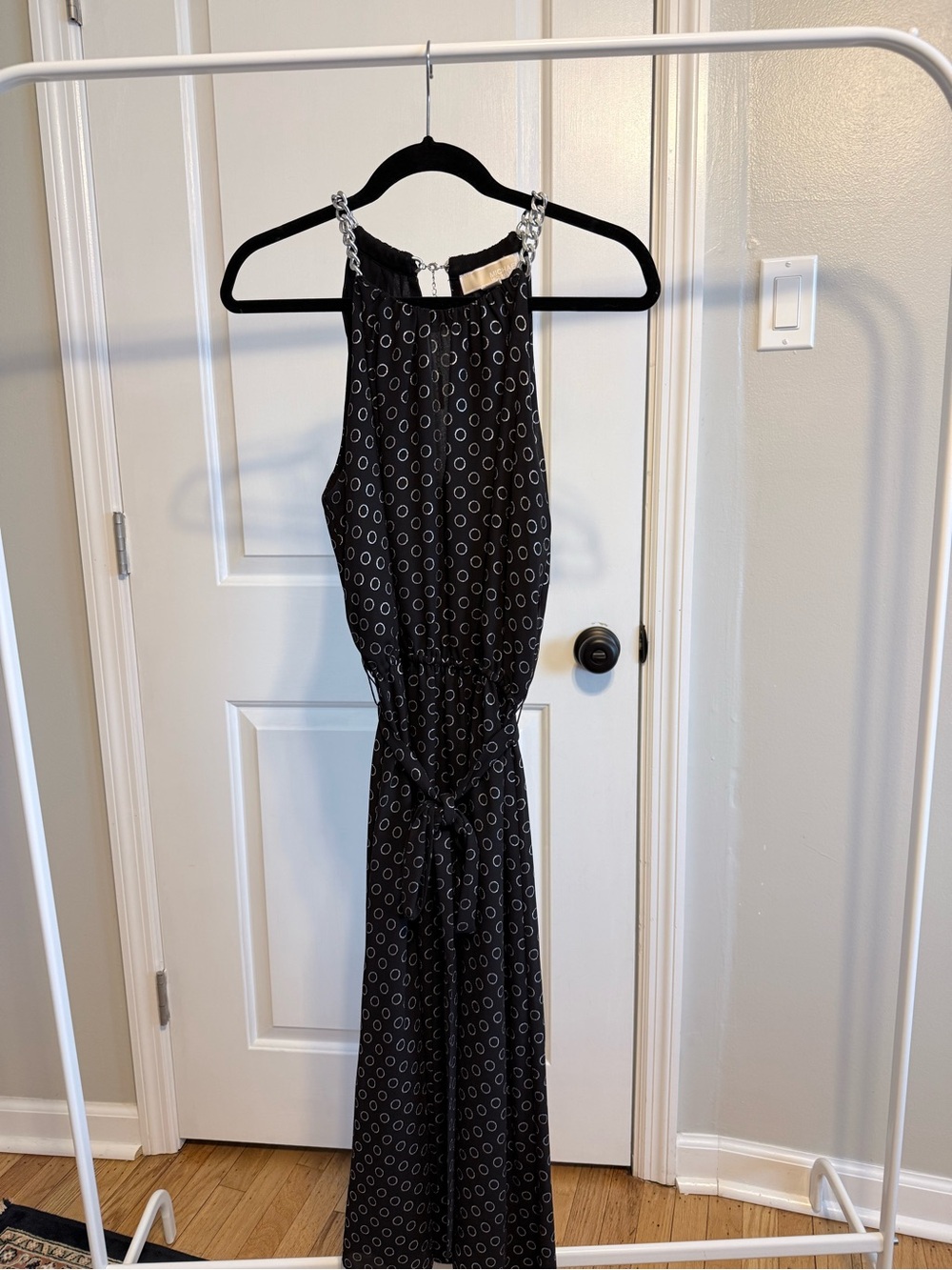 MICHAEL Michael Kors Black Midi Dress with Silver Ring Print and Chain Straps